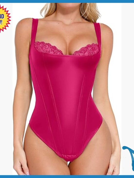 Other - Faux Leather Shapewear Bodysuit with Lace Underwire Tummy Control